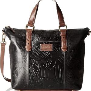 Tignanello Black Leather Brown Palm Leaf Embossed Hobo Purse Tote New No Tags